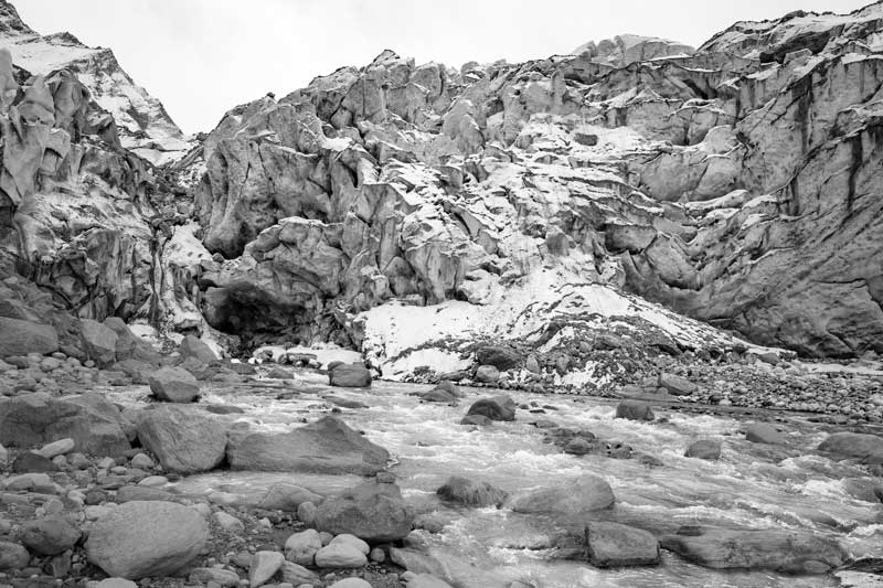 A view of the retreating Gangotri glacier along with Bhagirathi river at Gaumukh in Uttarkashi district, Uttarakhand